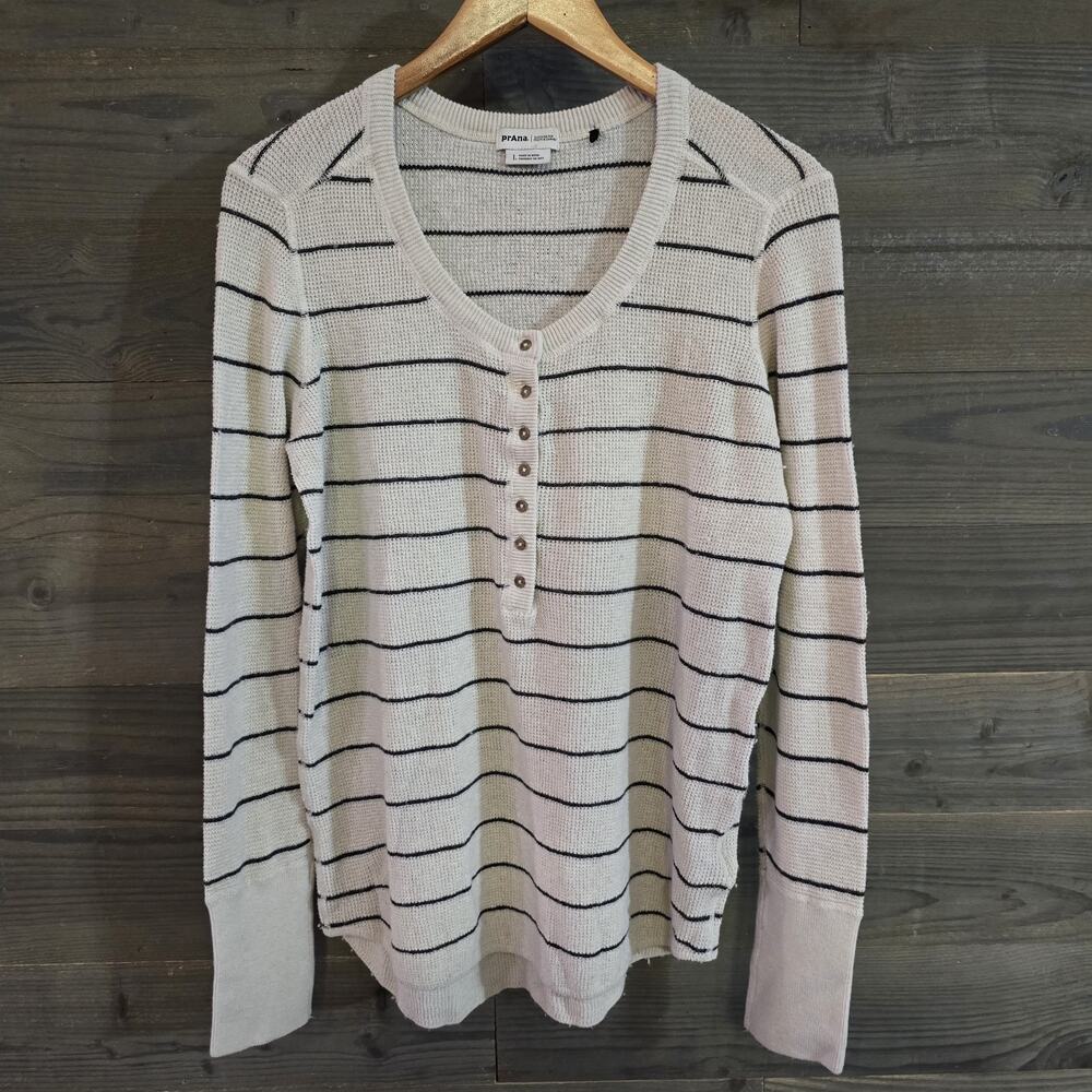 prAna Milani Sweater Women's L Cream Black Striped V Neck Waffle Knit